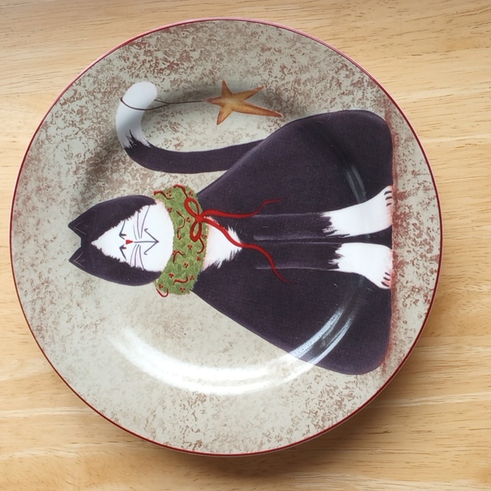 Sakura Christmas Cats Fiddlestix Set of Four (4) Stoneware Salad  Dessert plates